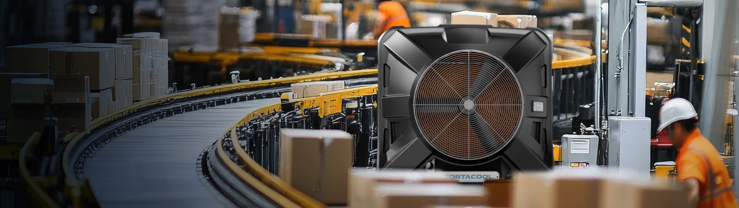 In the bustling warehouse, a large Portacool towers over workers in orange safety vests and helmets sorting packages near active conveyor belts.