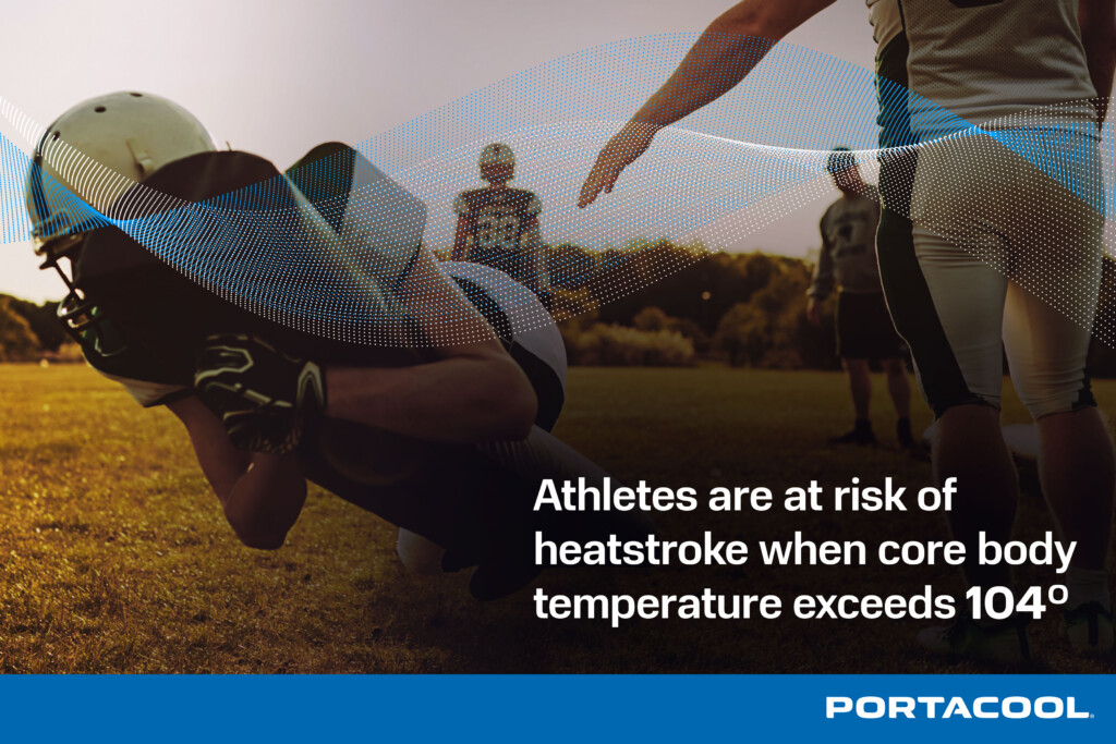 Image of football player up close on the field, with a text overlay stating "Athletes are at risk of heatstroke when core body temperatures exceeed 104 degrees."