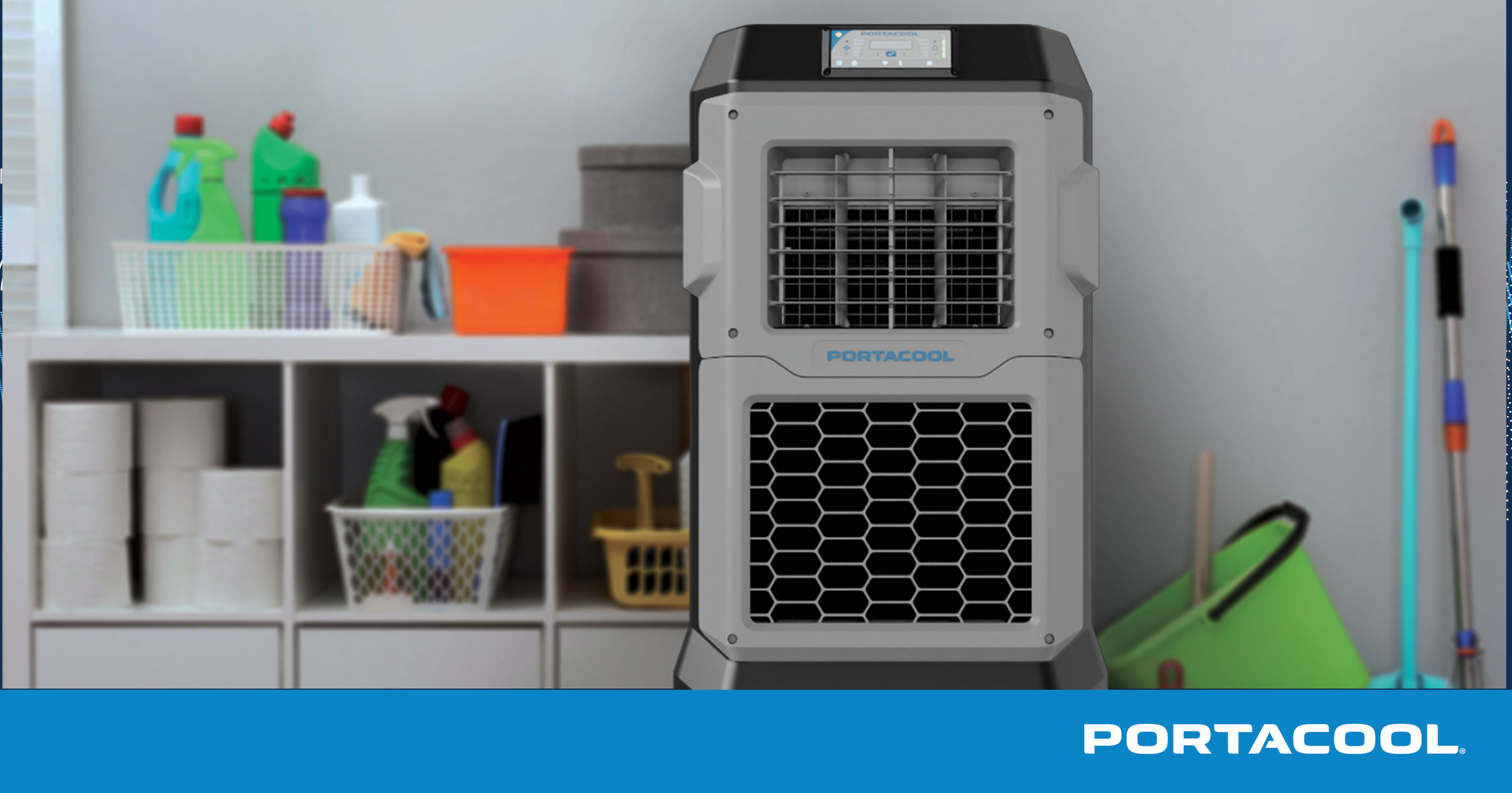 A Portacool portable evaporative cooler stored in a janitorial closet for the season.