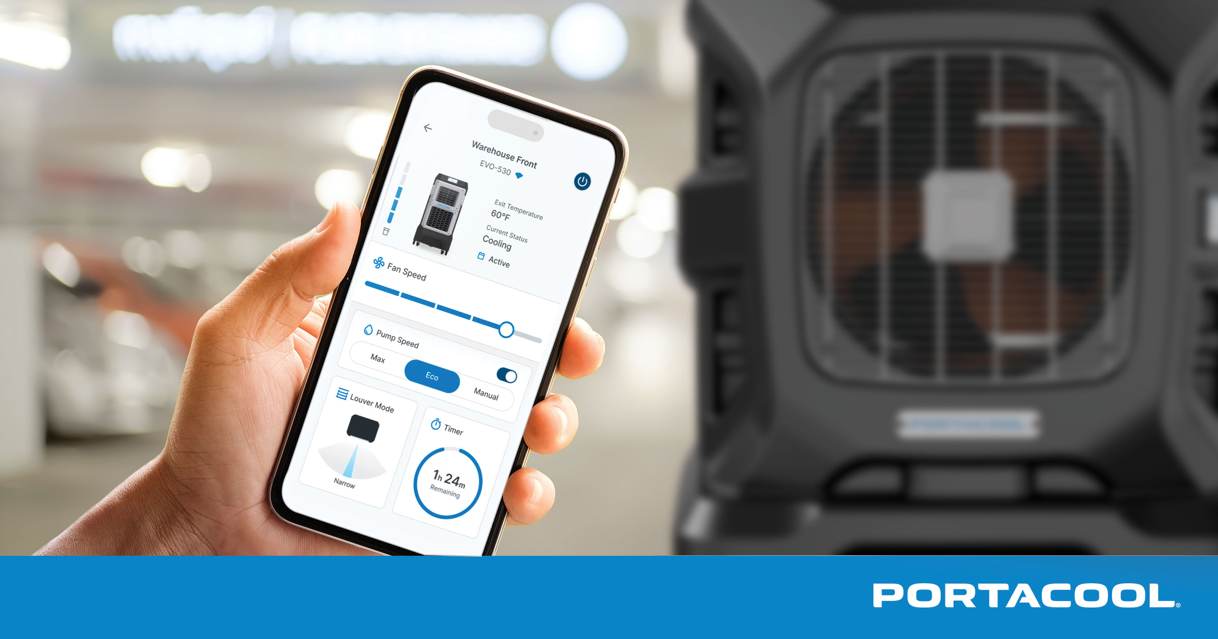 A person manages their Portacool evaporative cooler from their smartphone using the CoolSync app.
