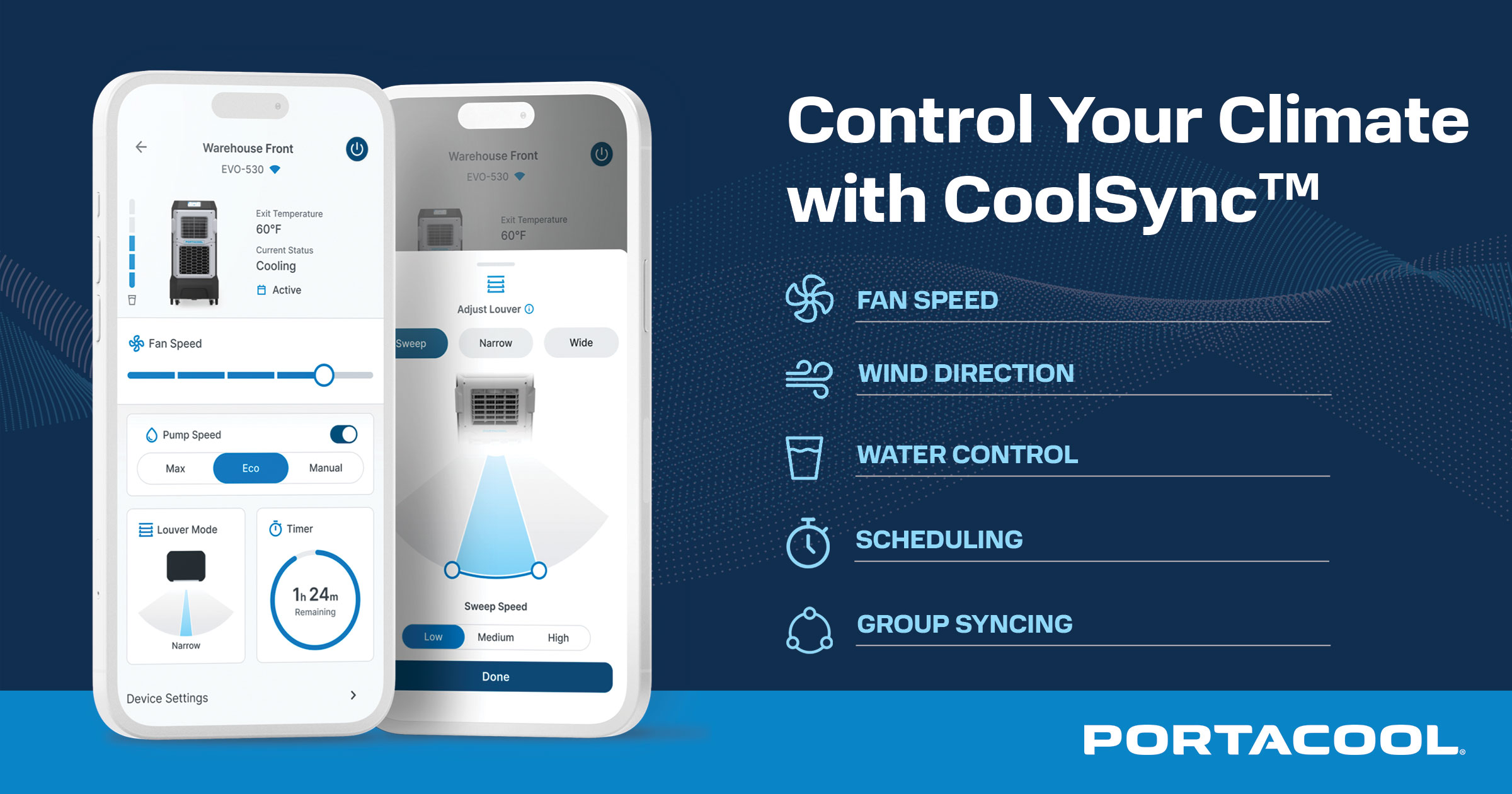 A view of the controls offered by Portacool CoolSync app for controlling Portacool evaporative coolers, including fan speed, wind direction, water control, scheduling, and group syncing.