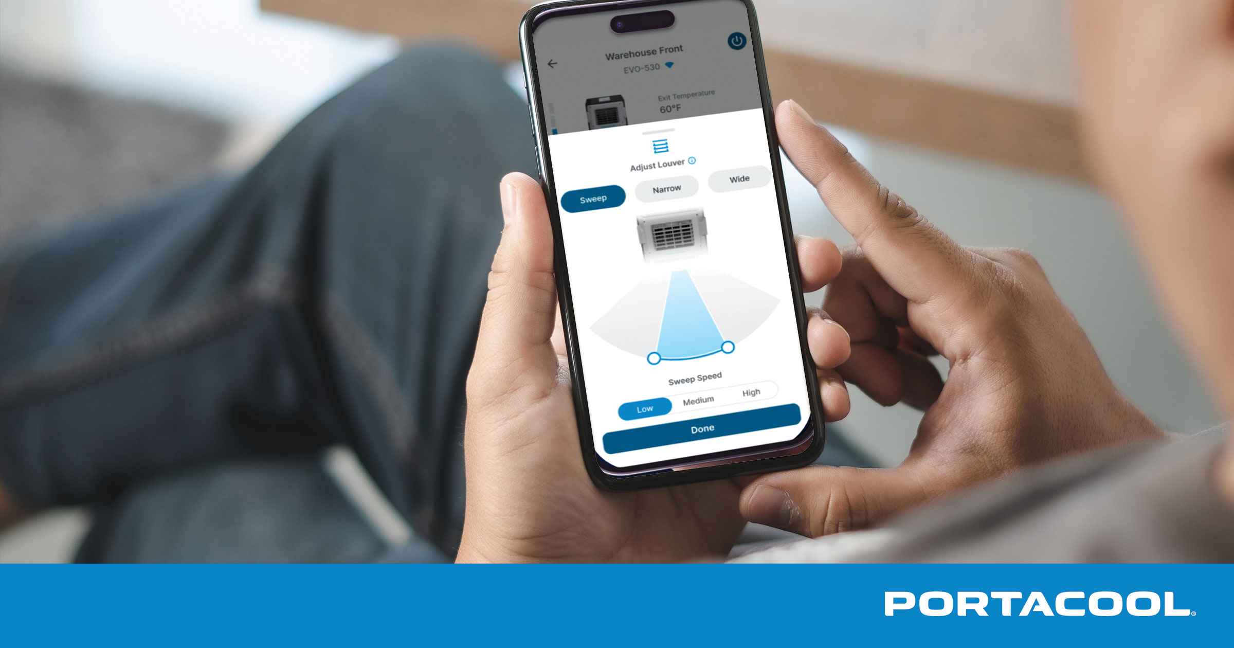 A view of the interface for Portacool's CoolSync app for managing climate control for a Portacool evporative cooler from a smartphone.