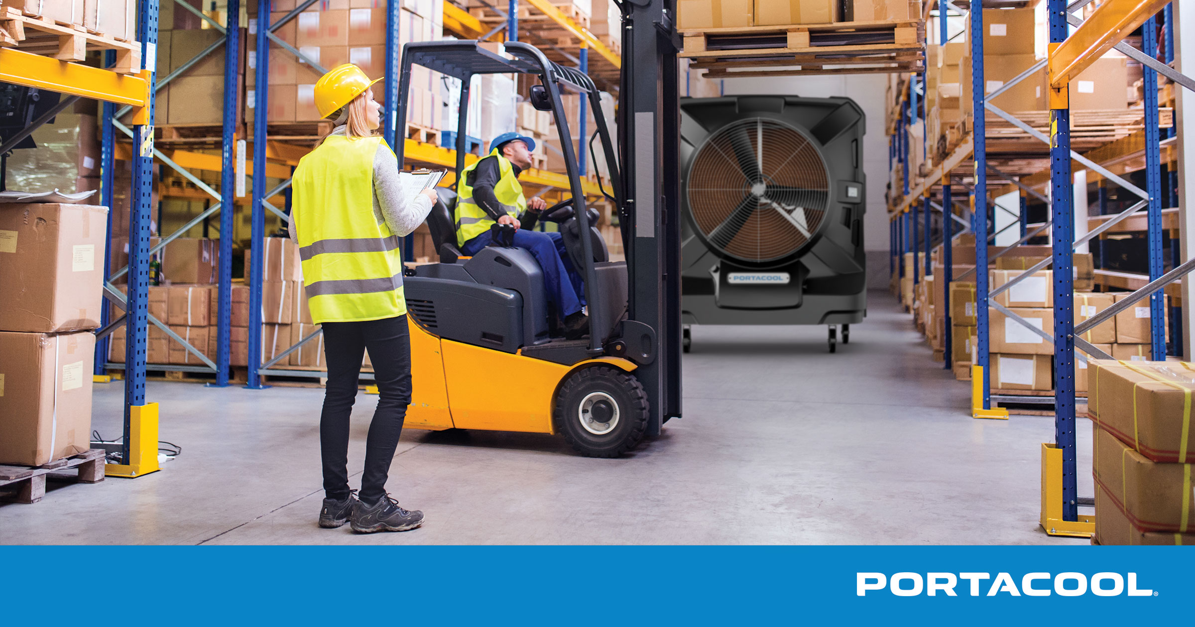 Warehouse workers coordinate transporting palettes using a forklift while being kept cool by a Portacool evap cooler.