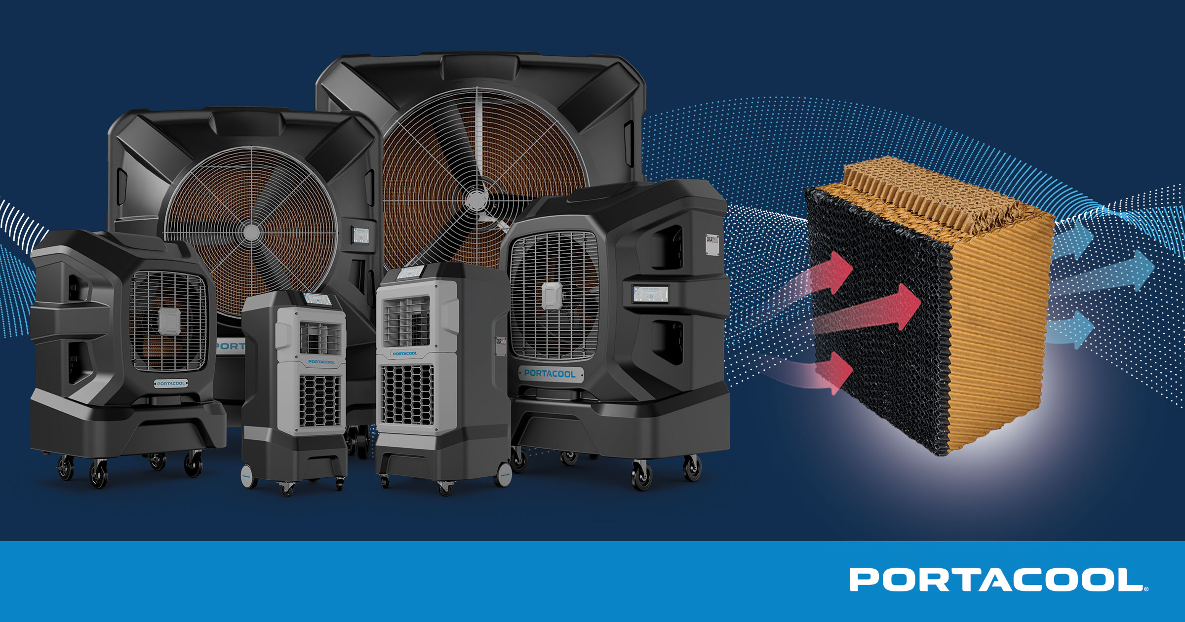 An illustration of how hot air passes through HydroTek evaporative media pad and exits as cooled air, beside a lineup of Portacool APEX evaporative coolers that utilize this technology.