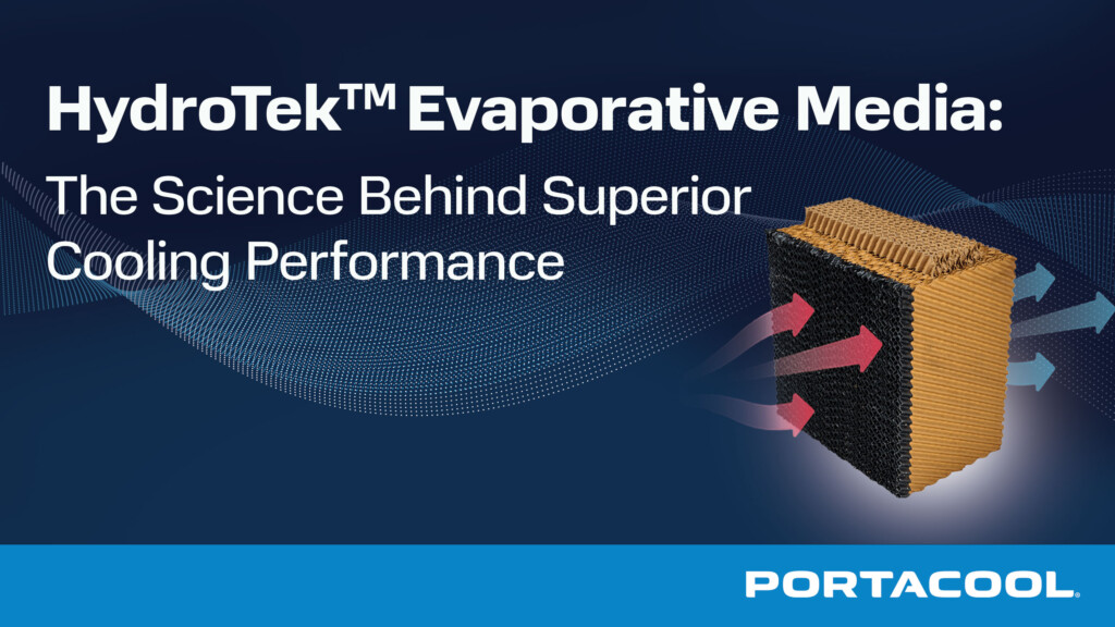 A banner labeled "HydroTek Evaporative Media: The Science Behind Superior Cooling Performance," with an illustration of hot air entering an evaporative media pad, and cool air coming out the other side.