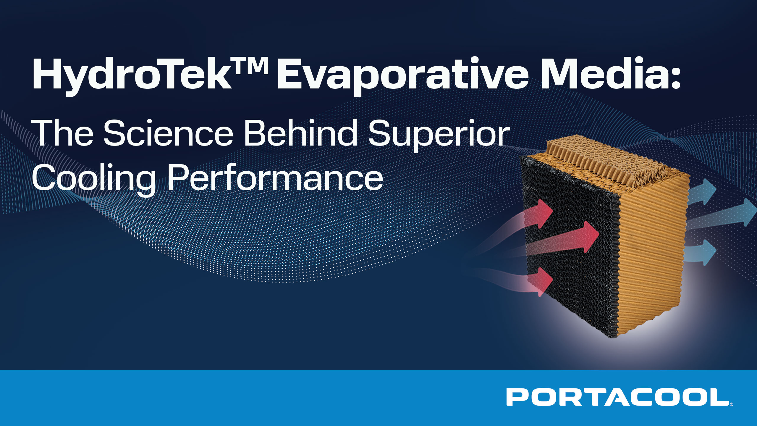 A banner labeled "HydroTek Evaporative Media: The Science Behind Superior Cooling Performance," with an illustration of hot air entering an evaporative media pad, and cool air coming out the other side.