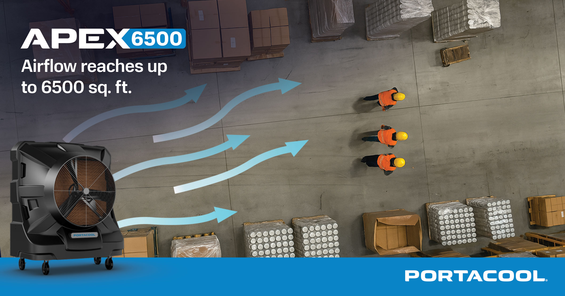 Warehouse workers walking between aisles of palettes, being kept cooler by a Portacool evap cooler.