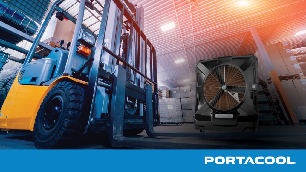 A forklift in a warehouse being kept cool by a Portacool evaporative cooler.
