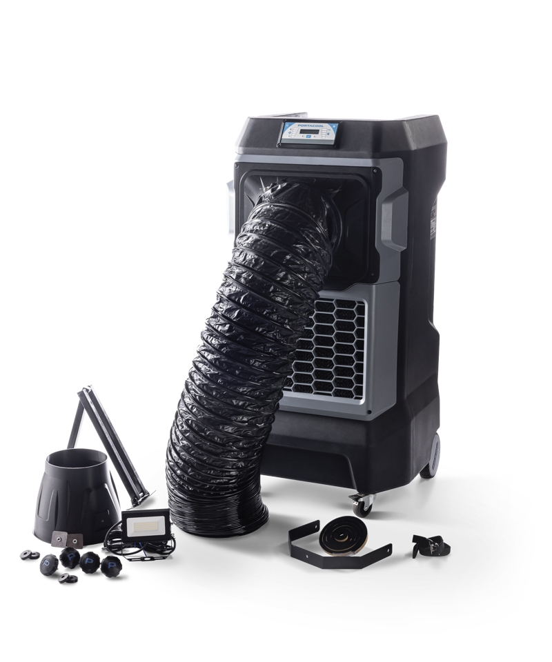 A Portacool APEX 700 evaporative cooler with a VORTEX precision cooling add-on installed, and related parts.