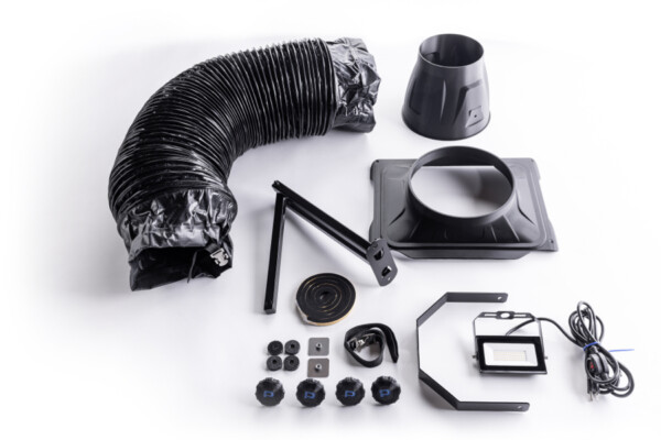 A photograph showing all the parts included with a VORTEX precision cooling kit for Portacool APEX 700 evap coolers.