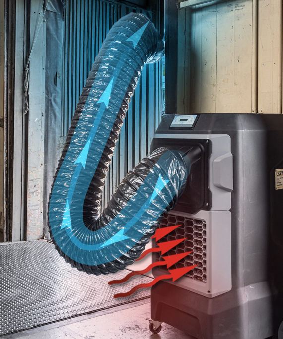 Diagram showing a Portacool APEX 700 evap cooler exchanging hot air for targeted cold air at a loading dock with a VORTEX precision cooling add-on.