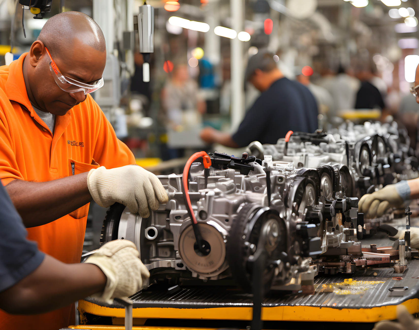 Workers at an manufacturing assembly line, being kept cool by Portacool APEX 700 evap coolers equipped with VORTEX precision cooling kits.