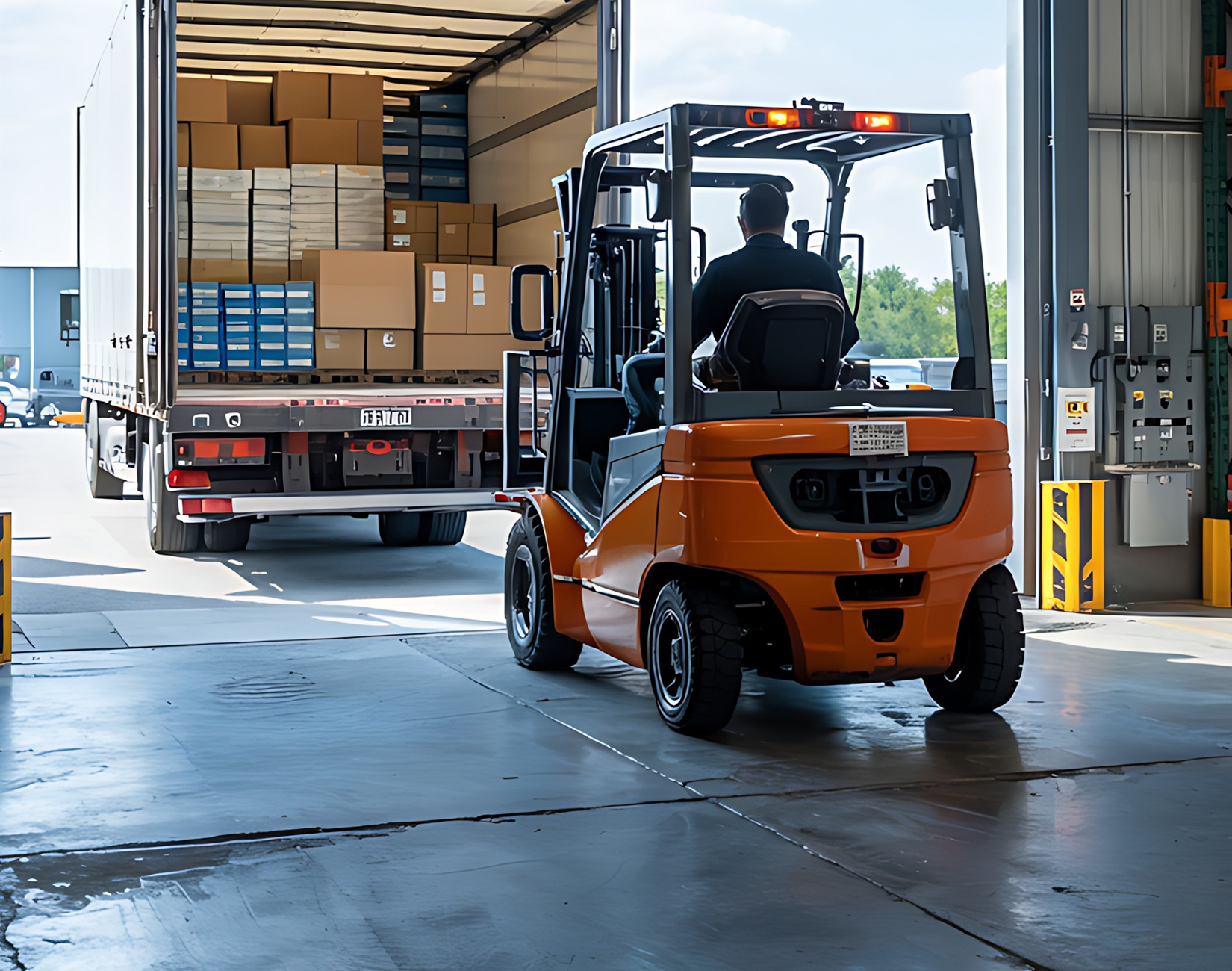 A forklift loading a trailer at a warehouse dock.